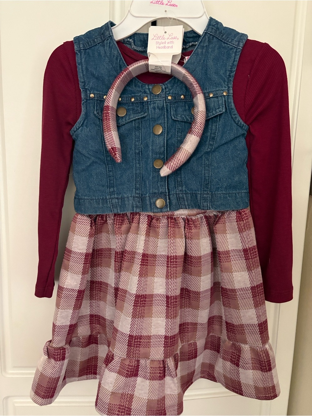 Little Lass 2 piece Long-Sleeve Denim vest and Plaid Layered Dress with Headband